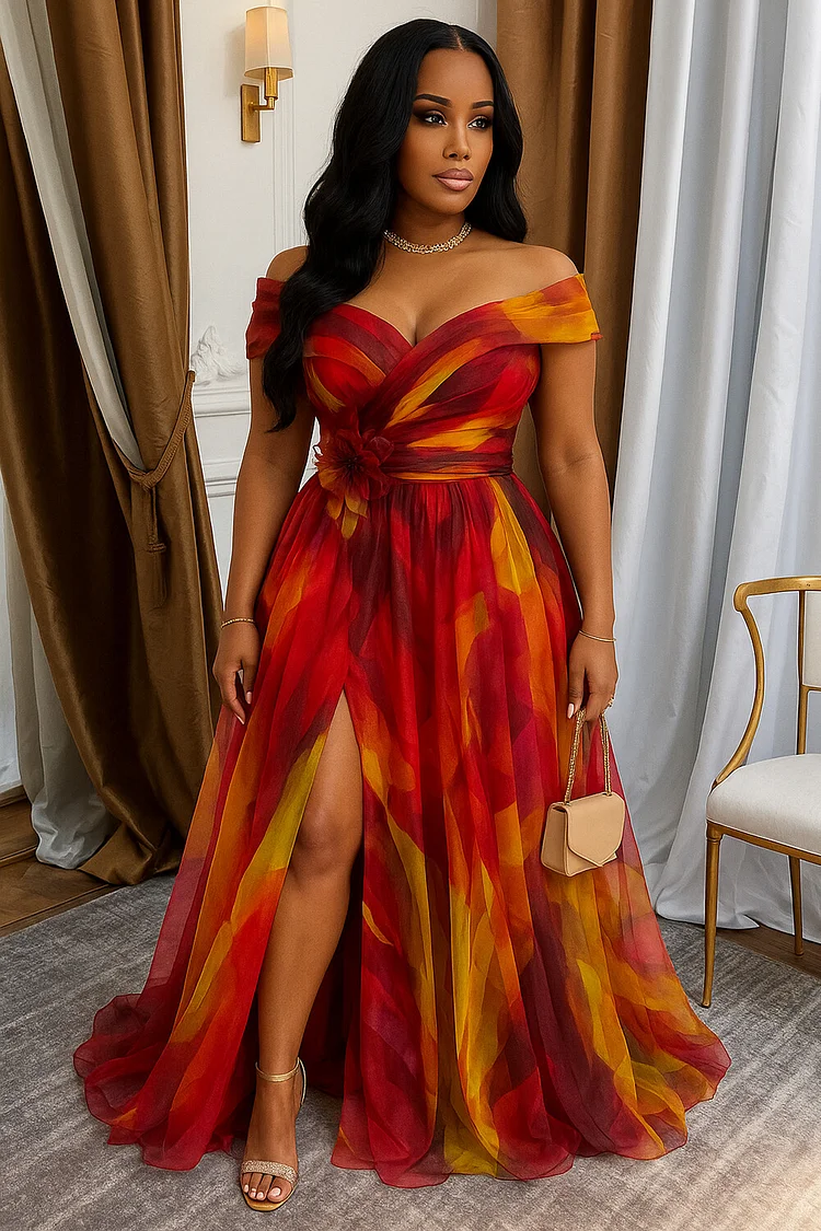 Overlap Off Shoulder Print 3D Flower Slit Party Maxi Dresses-Red [Pre Order]