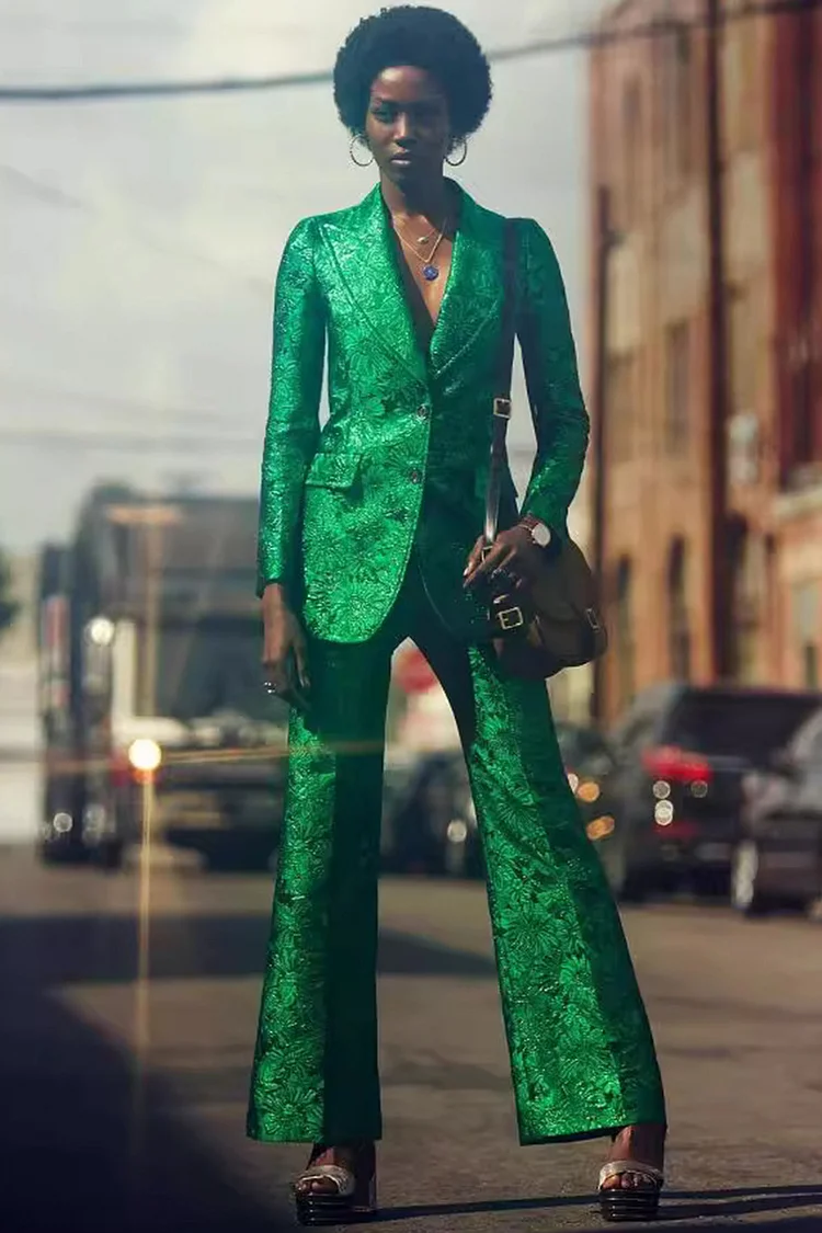 Stereo Embroidery Blazer Two Piece Pant Suit-Green