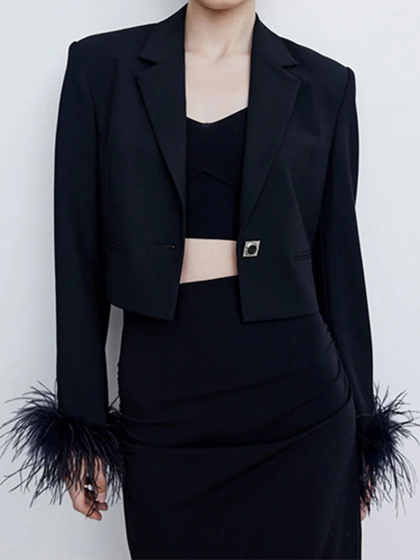 Long Sleeves Buttoned Solid Color Tasseled Notched Collar Blazer Outerwear