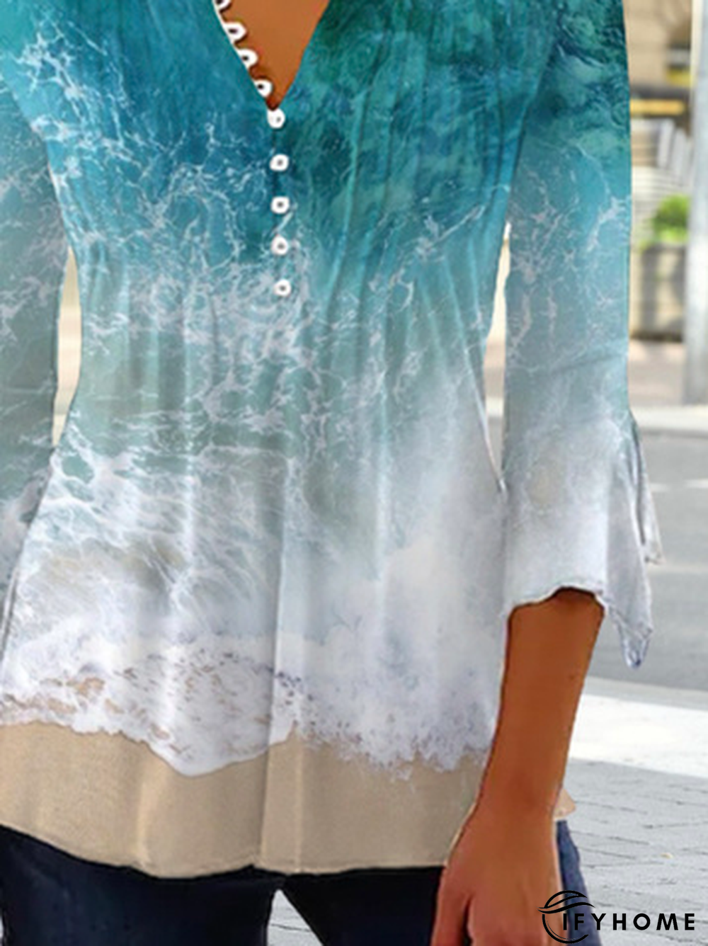 Buttoned Notched Random Print Casual tunic Top | IFYHOME