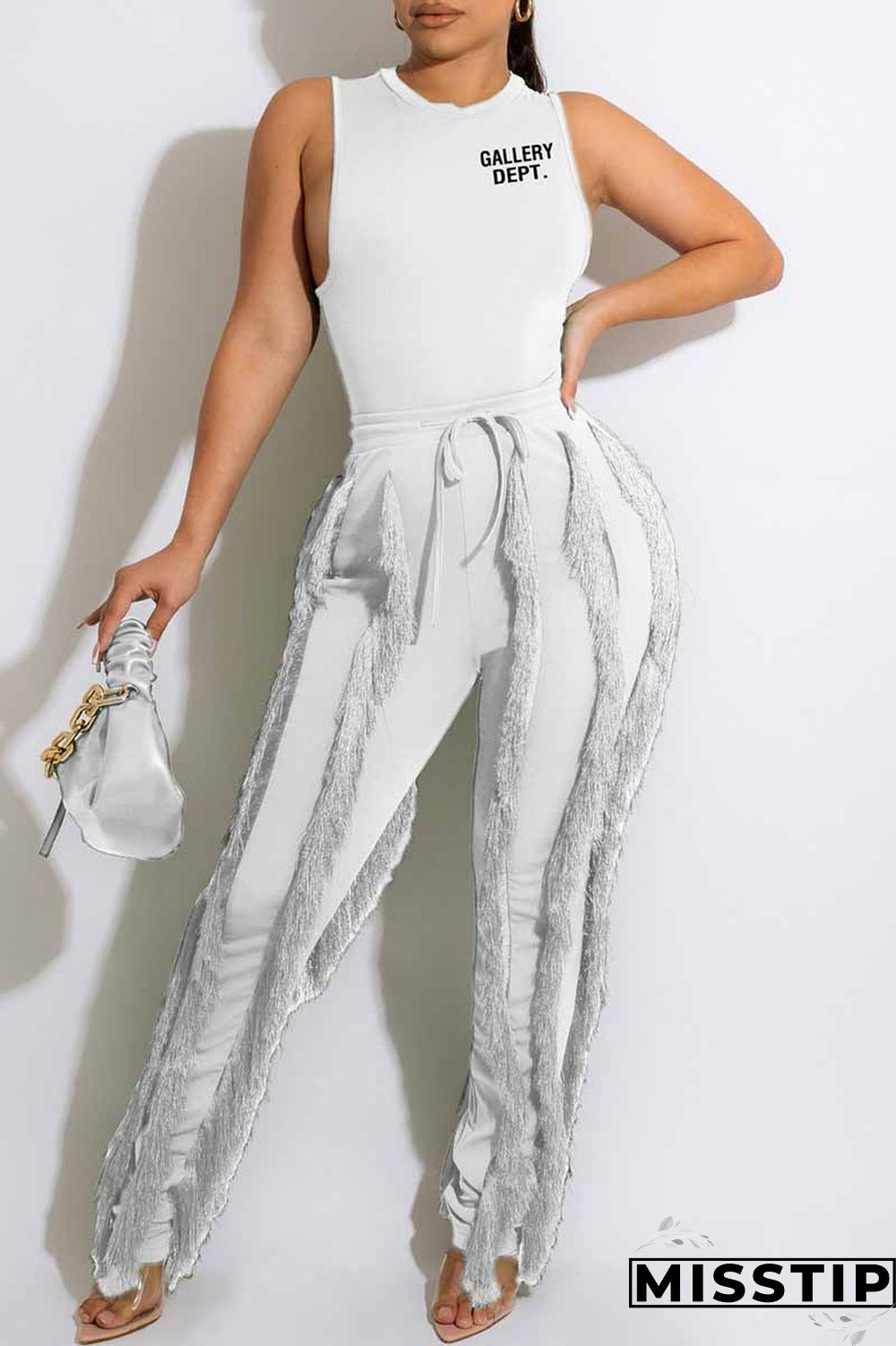 Green Street Print Tassel Letter O Neck Sleeveless Two Pieces