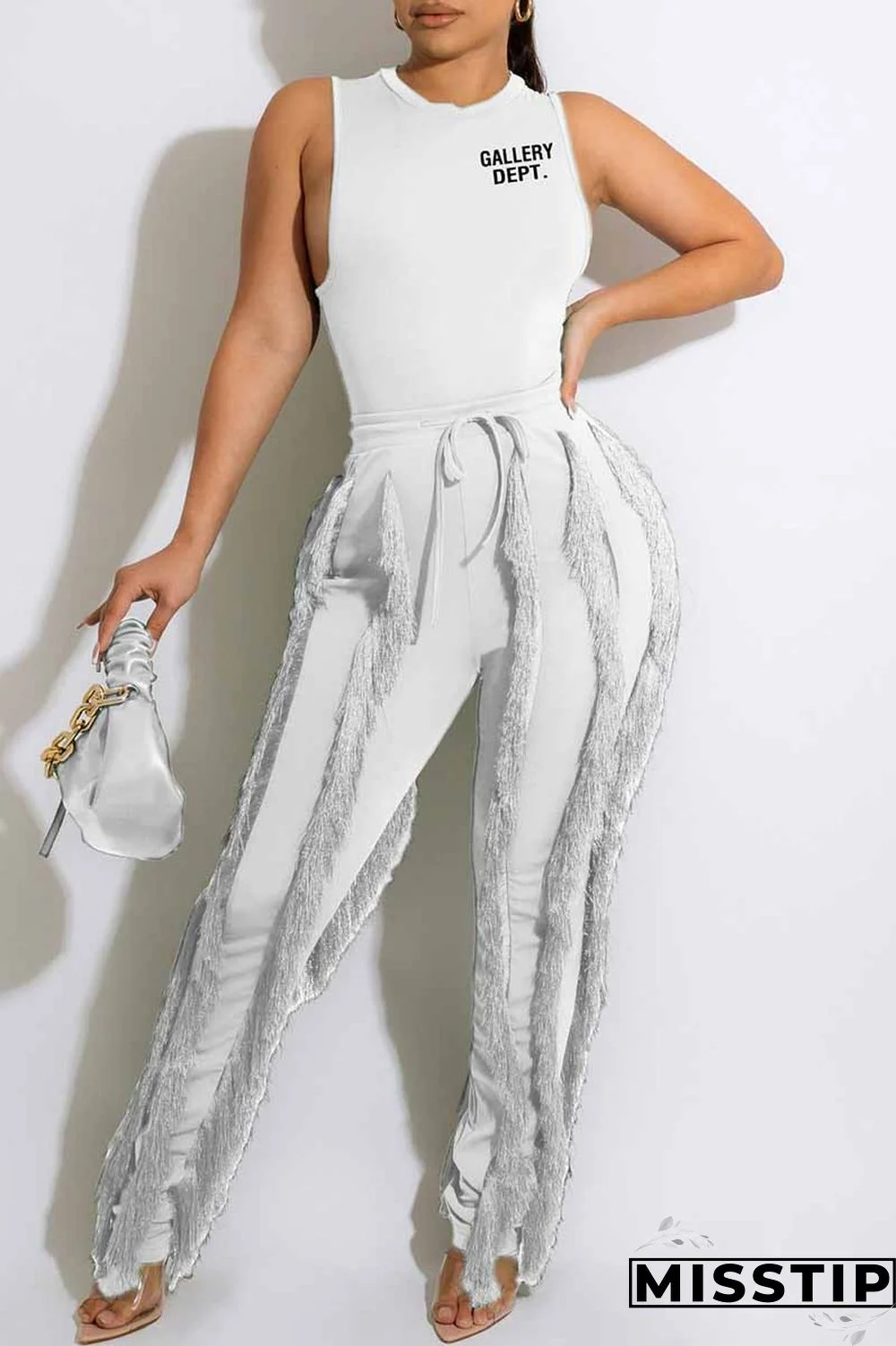 Green Street Print Tassel Letter O Neck Sleeveless Two Pieces