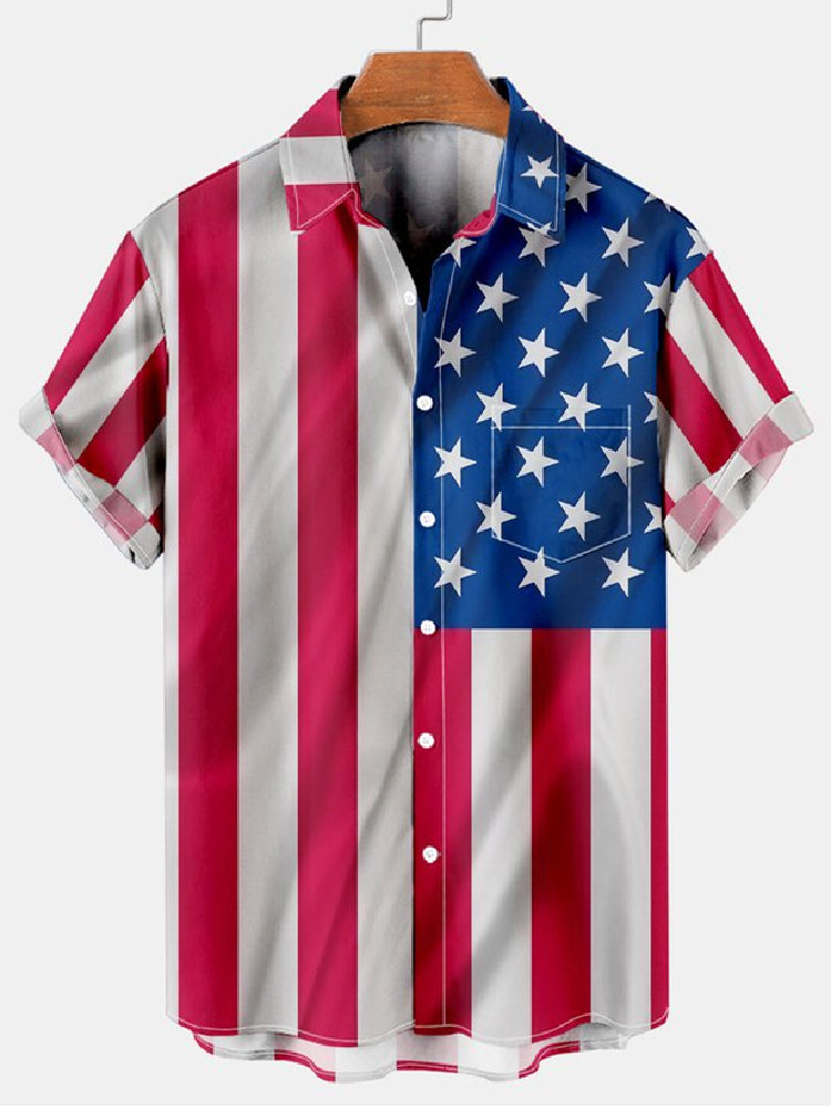 Men's American Flag Day Vintage Poster Pattern Hawaiian Short Sleeve Shirt PLUSCLOTHESMAN