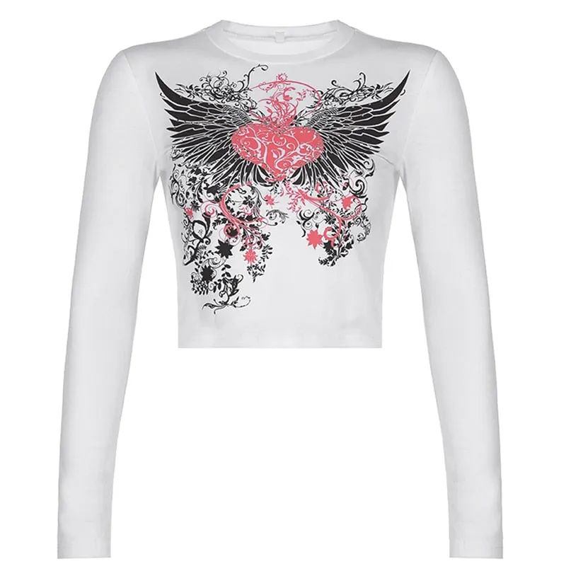 Xingqing Rhinestone Crop Tops Graphic Print Y2K Grunge Clothes Aesthetic Fairycore Retro Tee Vintage Harajuku Cute Tshirts