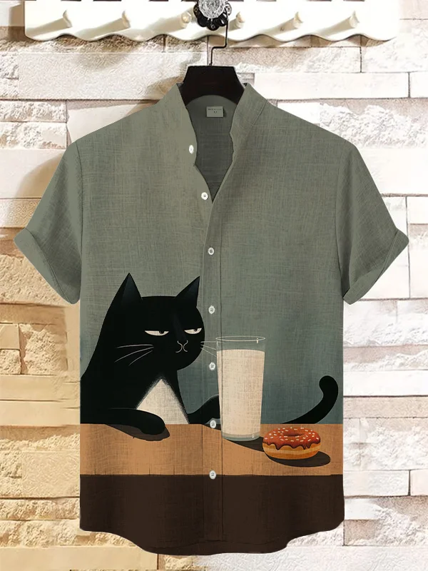 Men's Cat Milk And Donut Print Linen Blend Shirt