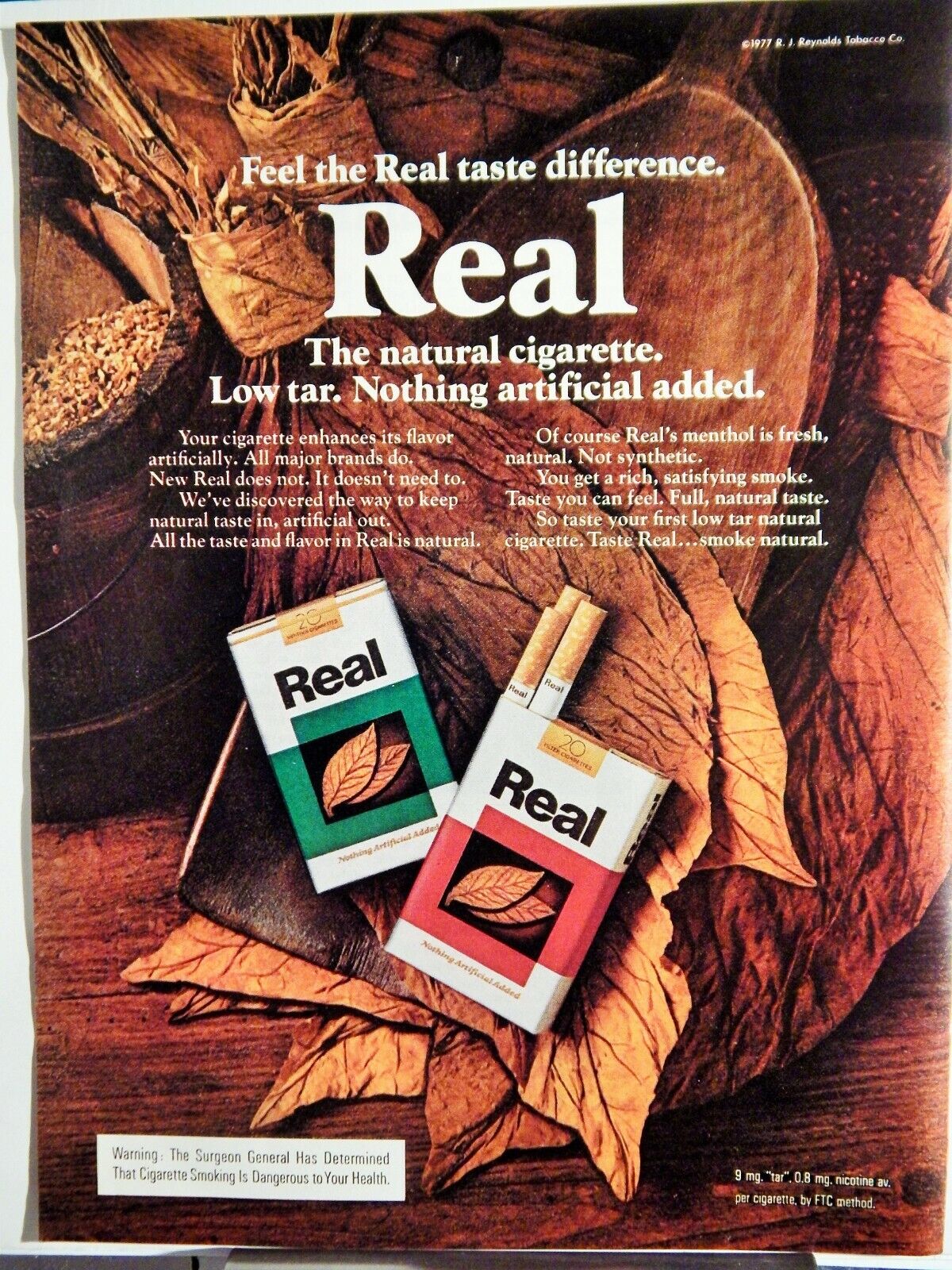 REAL NATURAL CIGARETTES ORIG. VTG 1977 Photo Poster painting AD,