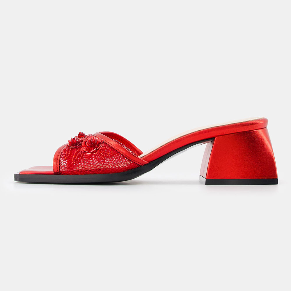 Red Mesh Open Square Toe Chunky Heel Mules Shoes with Flower Accent Nicepairs