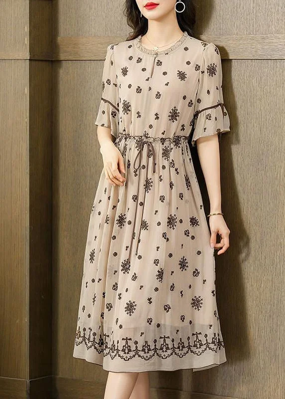 Fine Beige Ruffled Embroideried Exra Large Hem Silk Cinched Dress Summer