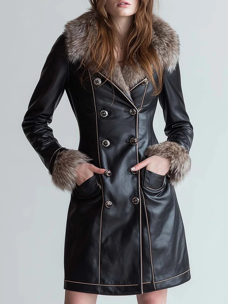 Black Eco-Leather Coat With Faux Fur Collar And Cuffs