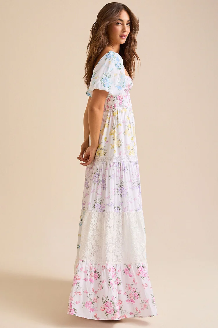 Ditsy Floral Print Puff Sleeve Lace Patchwork Maxi Dresses-White [Pre Order]