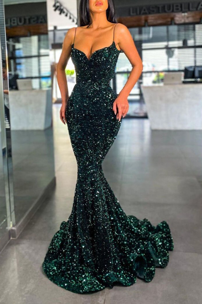 Dark Green Sequins Prom Dress Mermaid Evening Gowns With Spaghetti-Straps - lulusllly