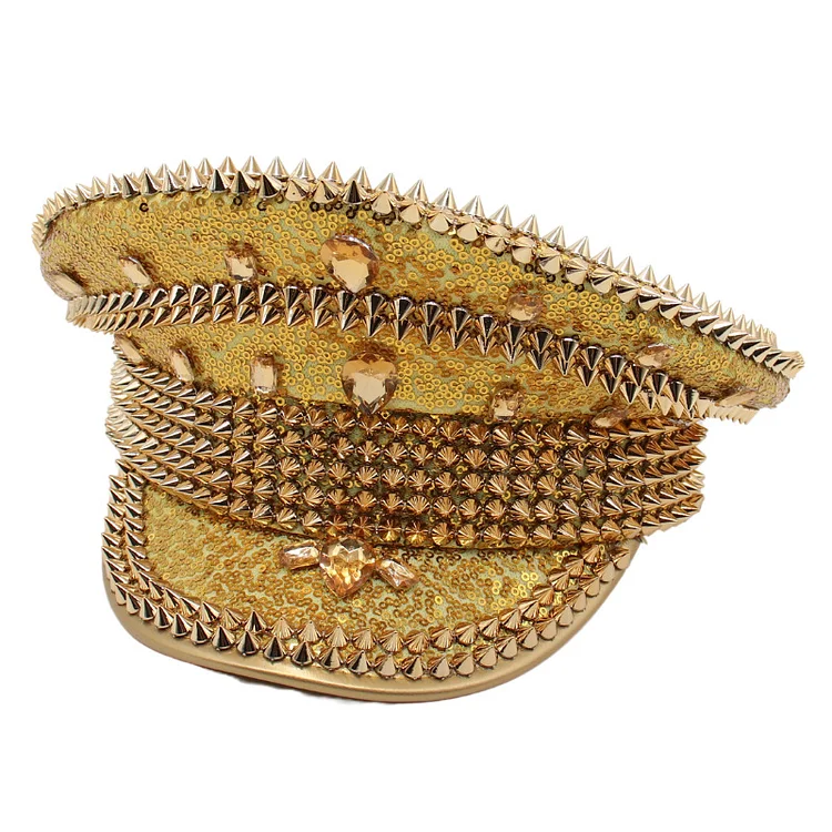 Party Rivet Sequin Rhinestone Decor Navy Hat-Gold