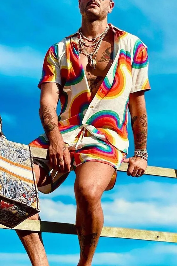 Rainbow Print Loose-Fit Casual Shirt Hawaiian Shorts Two Piece Set