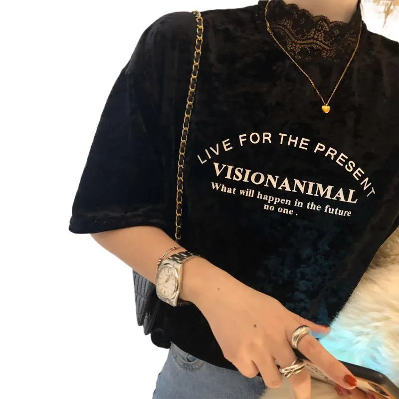 Round Neck Letter Printed Velvet Top