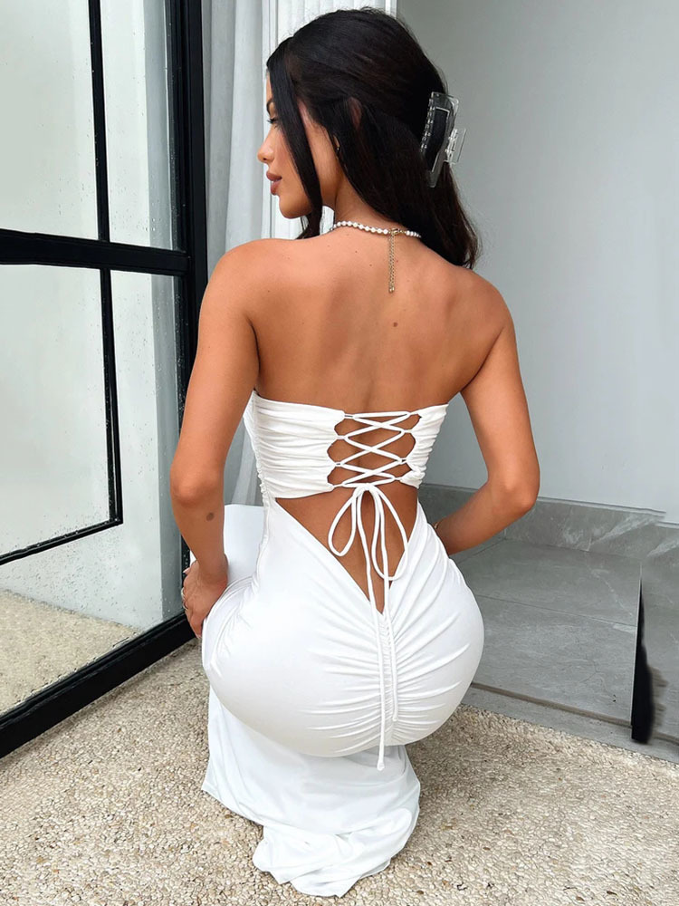 Ootddress Sexy Sleeveless Bodycon Hollow Out Dress For Women Lace Up Pleats Slim Maxi Female Vestidos Elegant Party Evening Dress