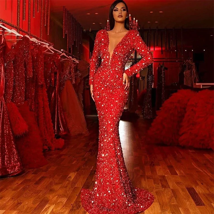 Uveng Uveng Winter New Women's Dress Fishtail Red Bright Crystal Long Sleeve V-Neck Dress Long Dress