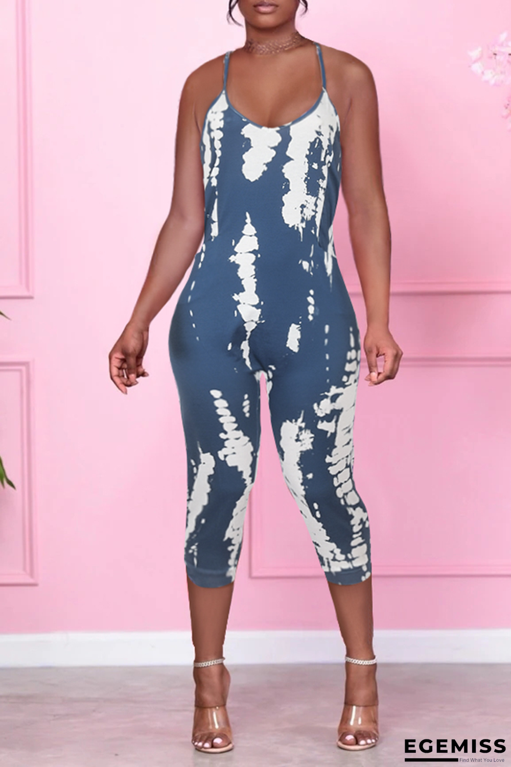 Blue Sexy Print Patchwork Spaghetti Strap Skinny Jumpsuits | EGEMISS