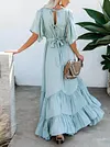 Solid Color Batwing Sleeves Falbala Maxi Dresses