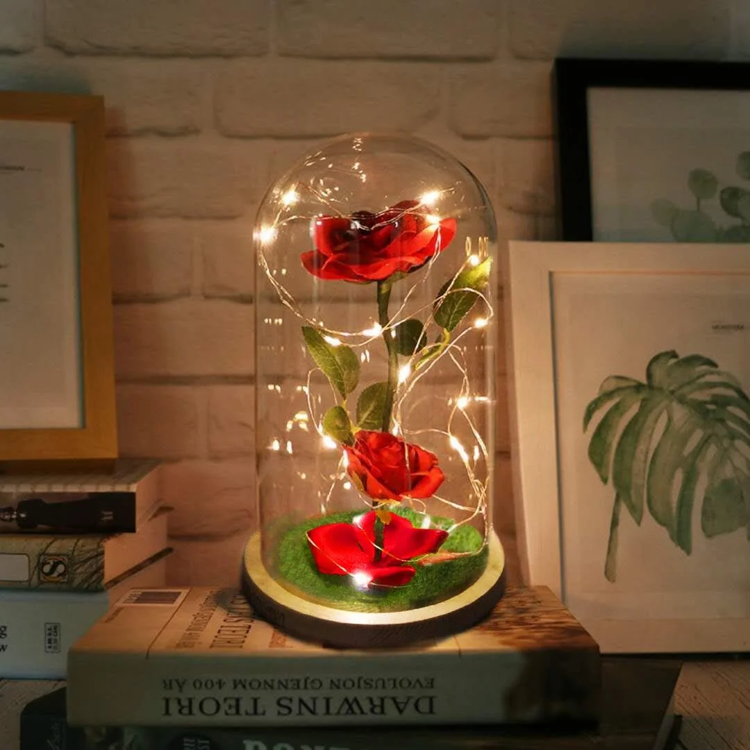 Red Silk Rose That Lasts Forever in a Glass Dome with LED Lights  Beauty The Beast Rose, Gift for Mothers Day