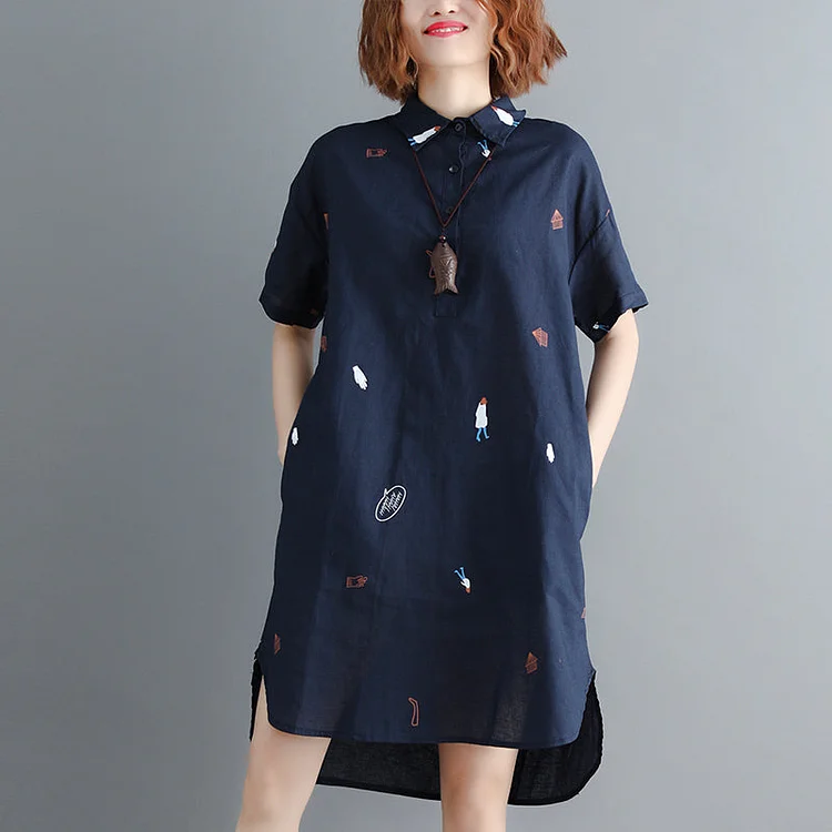 stylish navy pure linen dress trendy plus size linen maxi dress vintage short sleeve Turn-down natural linen dress
