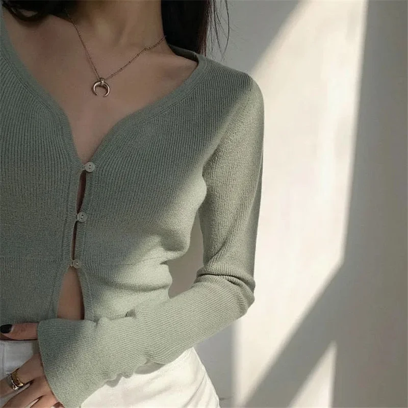 New Spring V Neck Button Long Sleeve Sweaters Women Korean Style Thin Single Breasted Cardigans Lady Cropped Tops