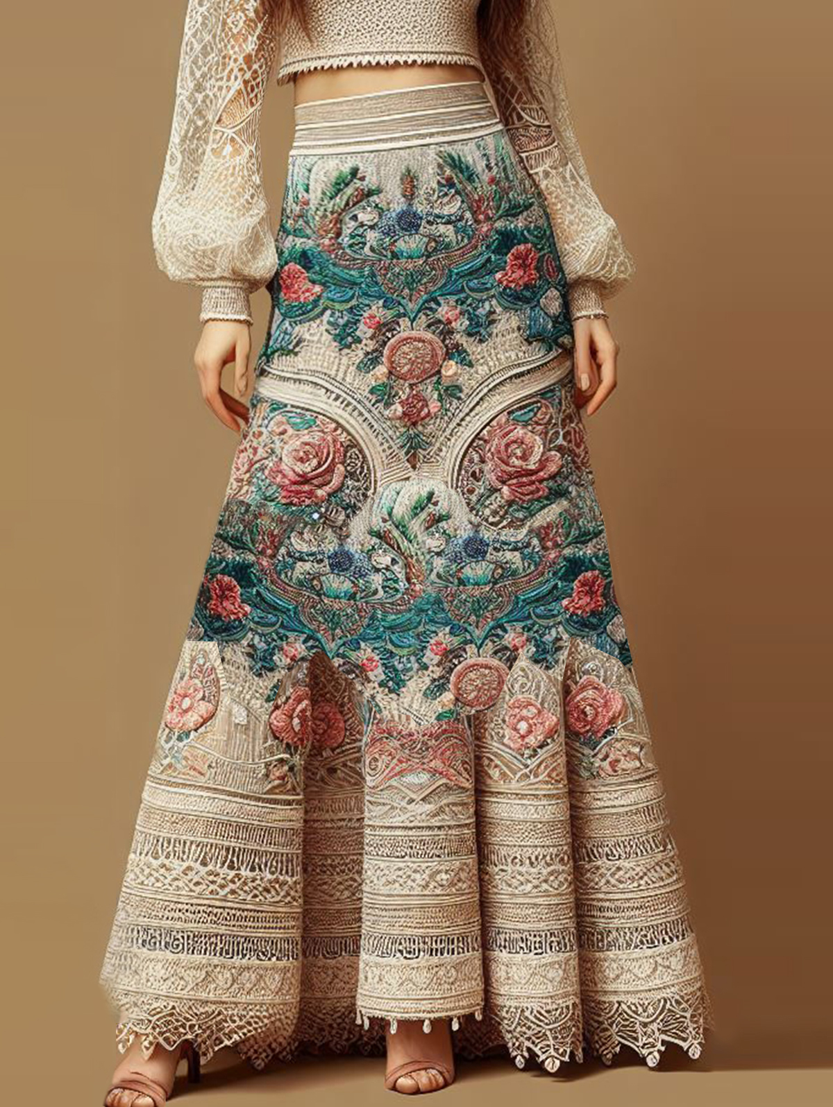 Ursime Retro Floral Pattern Guipure Lace Maxi Skirt