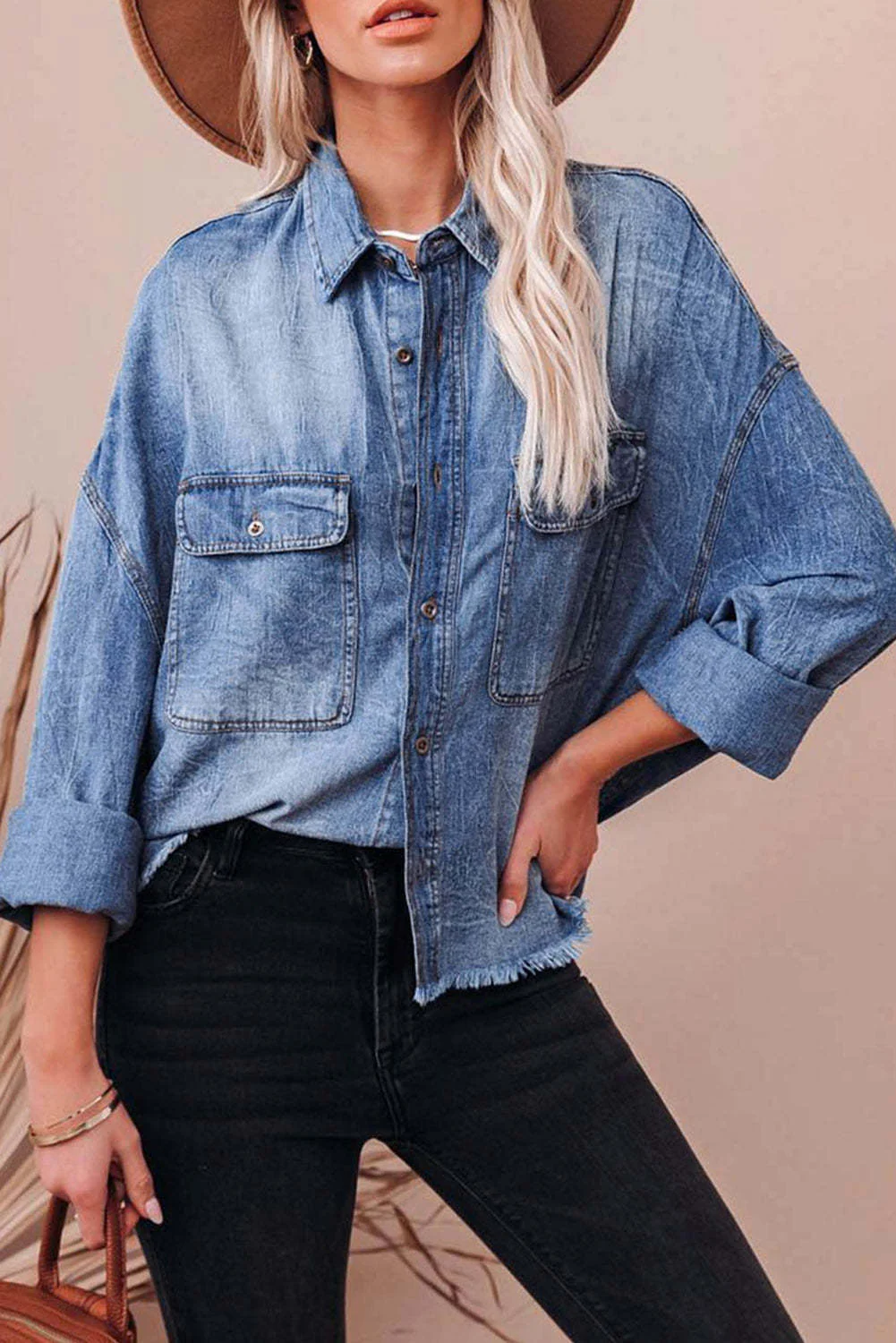 Women's Retro Loose Denim Shirt Shoulder-length Blue Big Pocket Shirt