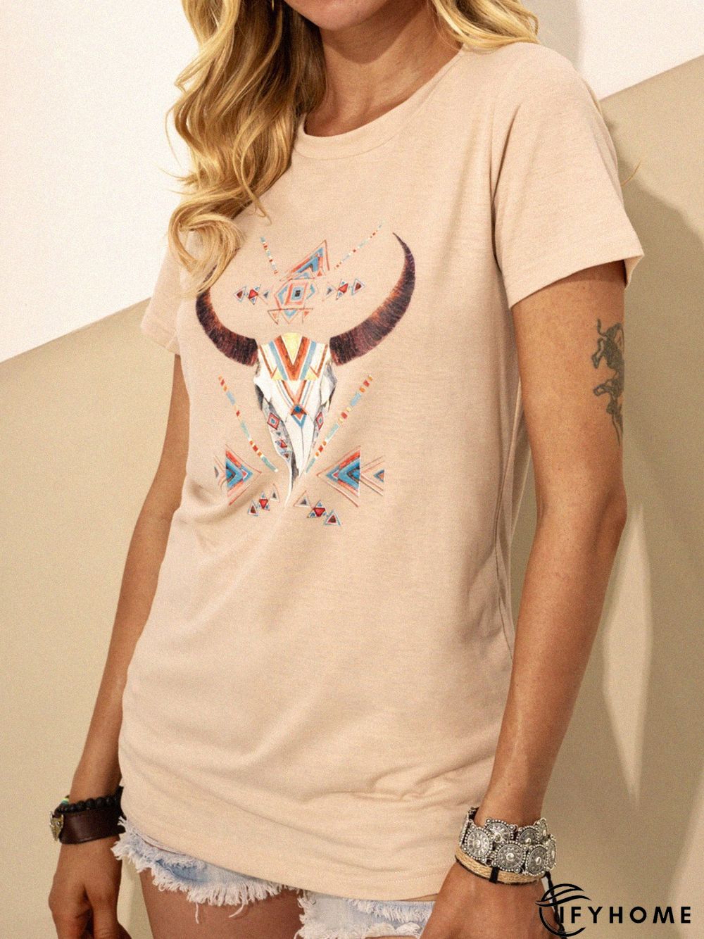 Apricot Shift Animal Paneled Short Sleeve T-shirt | IFYHOME