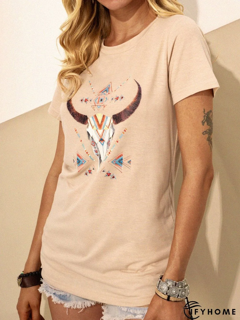 Apricot Shift Animal Paneled Short Sleeve T-shirt | IFYHOME