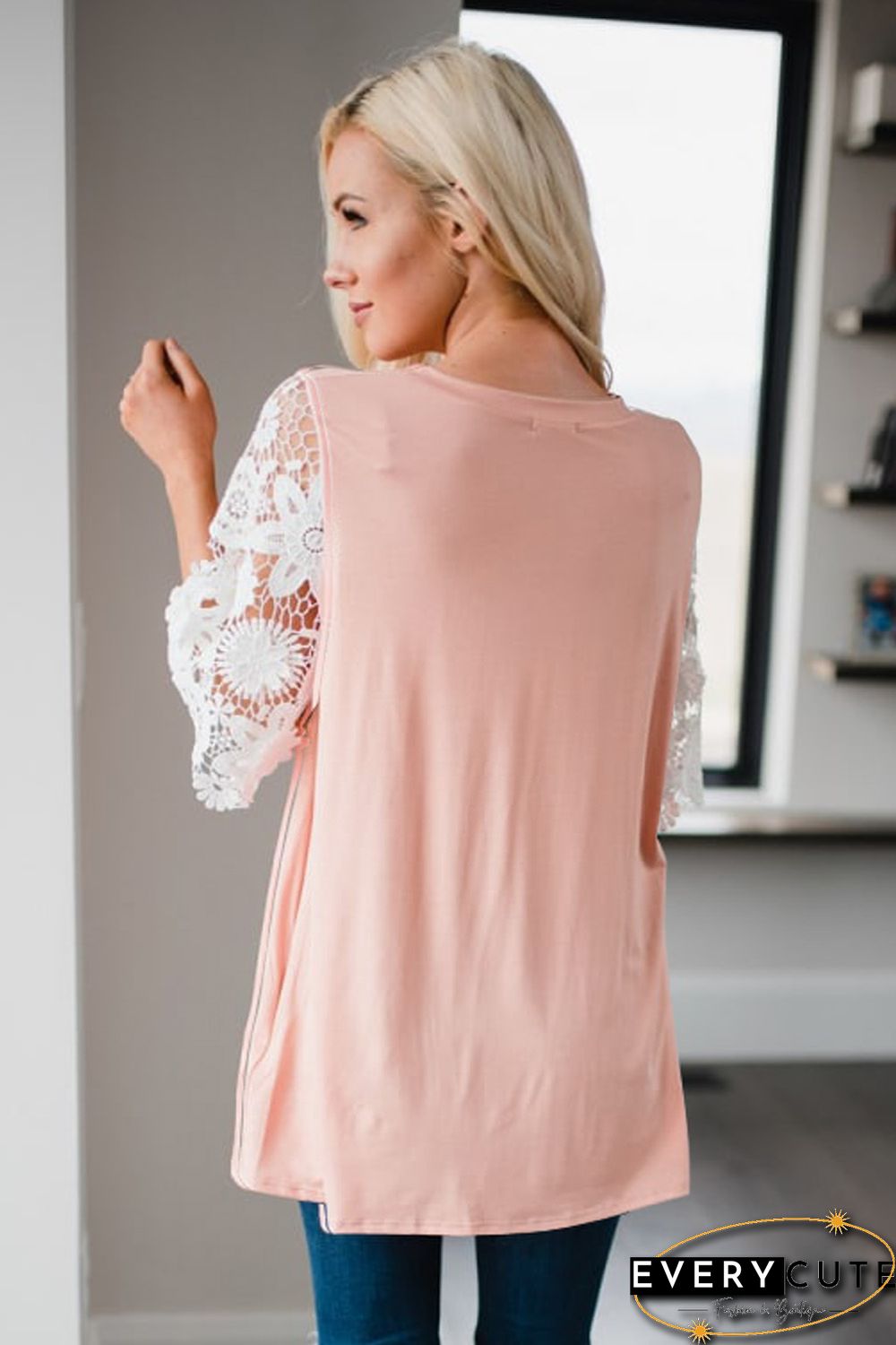 Pink Lace Sleeves Tunic Top