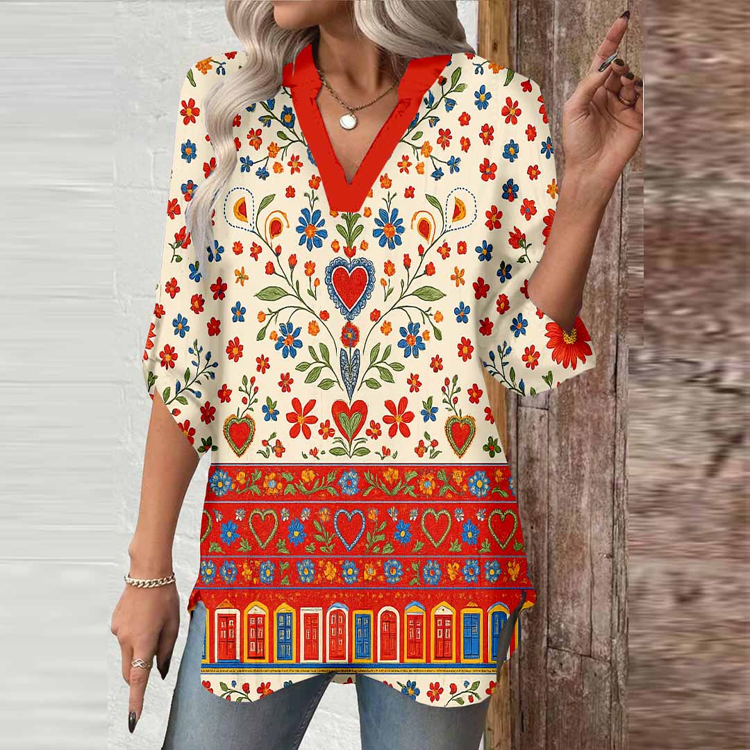 Women Floral, Retro, Red DZGA0161 3/4 Sleeve V-neck Printed Graphic Button Tops