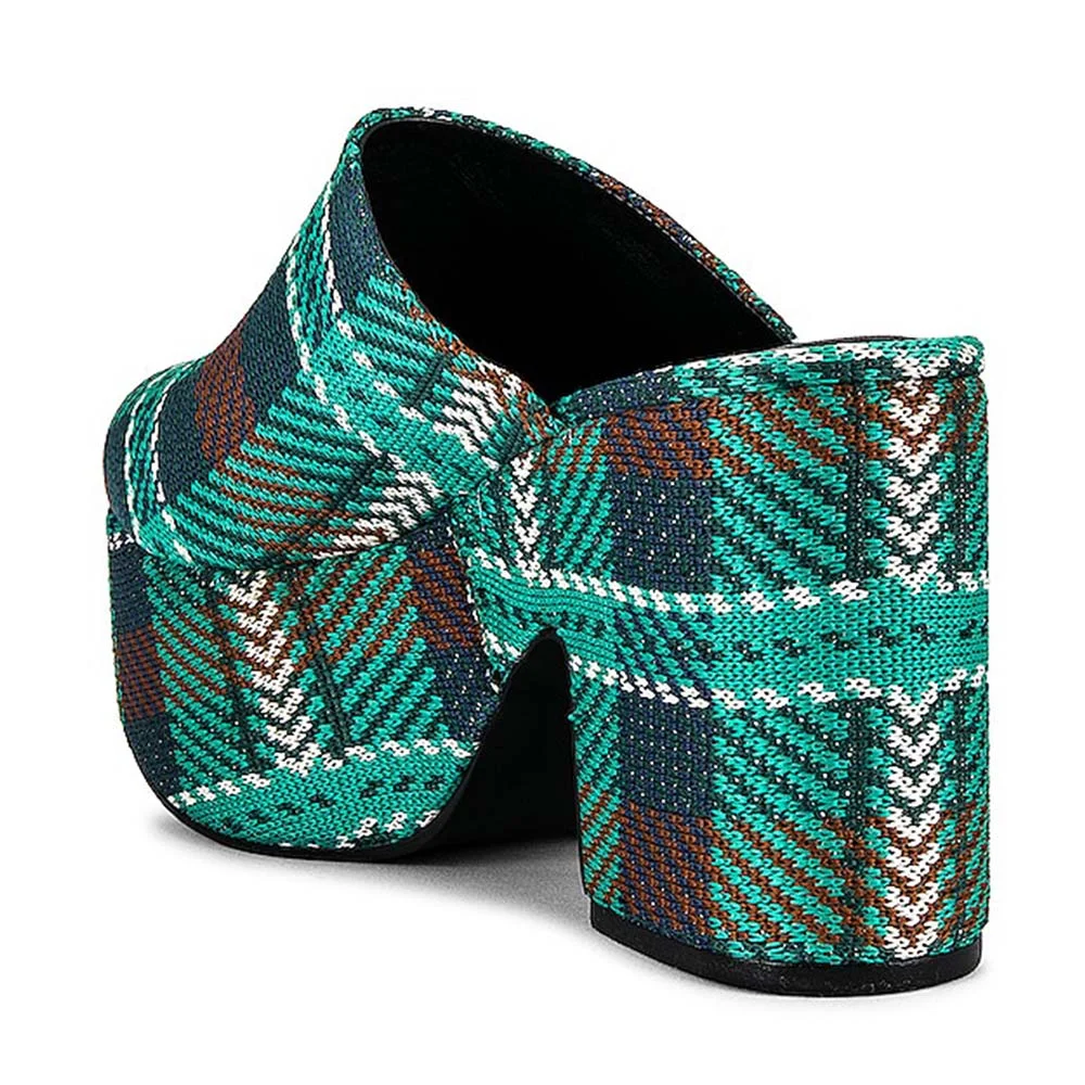 YDN Multicolor Block Heel Plaid Platform Mule Shoes for Women