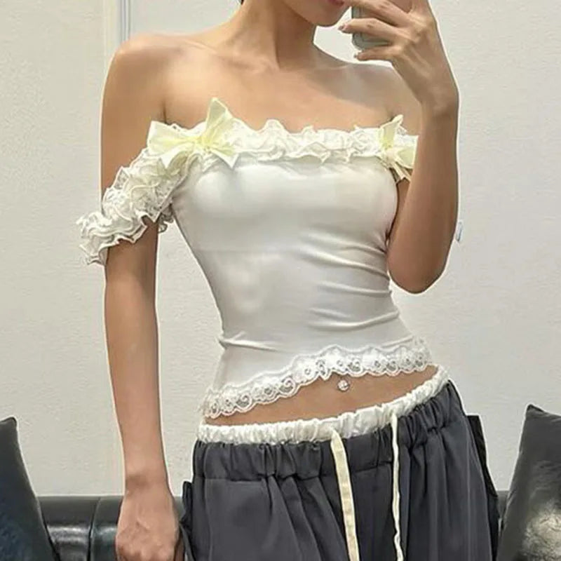 Aesthetic Cute Bow Trim Crop Tops Women Ruffle Lace Tank Tops Casual Summer Off Shoulder Vest Sleeveless Shirt Y2K Streetwear Aiertu
