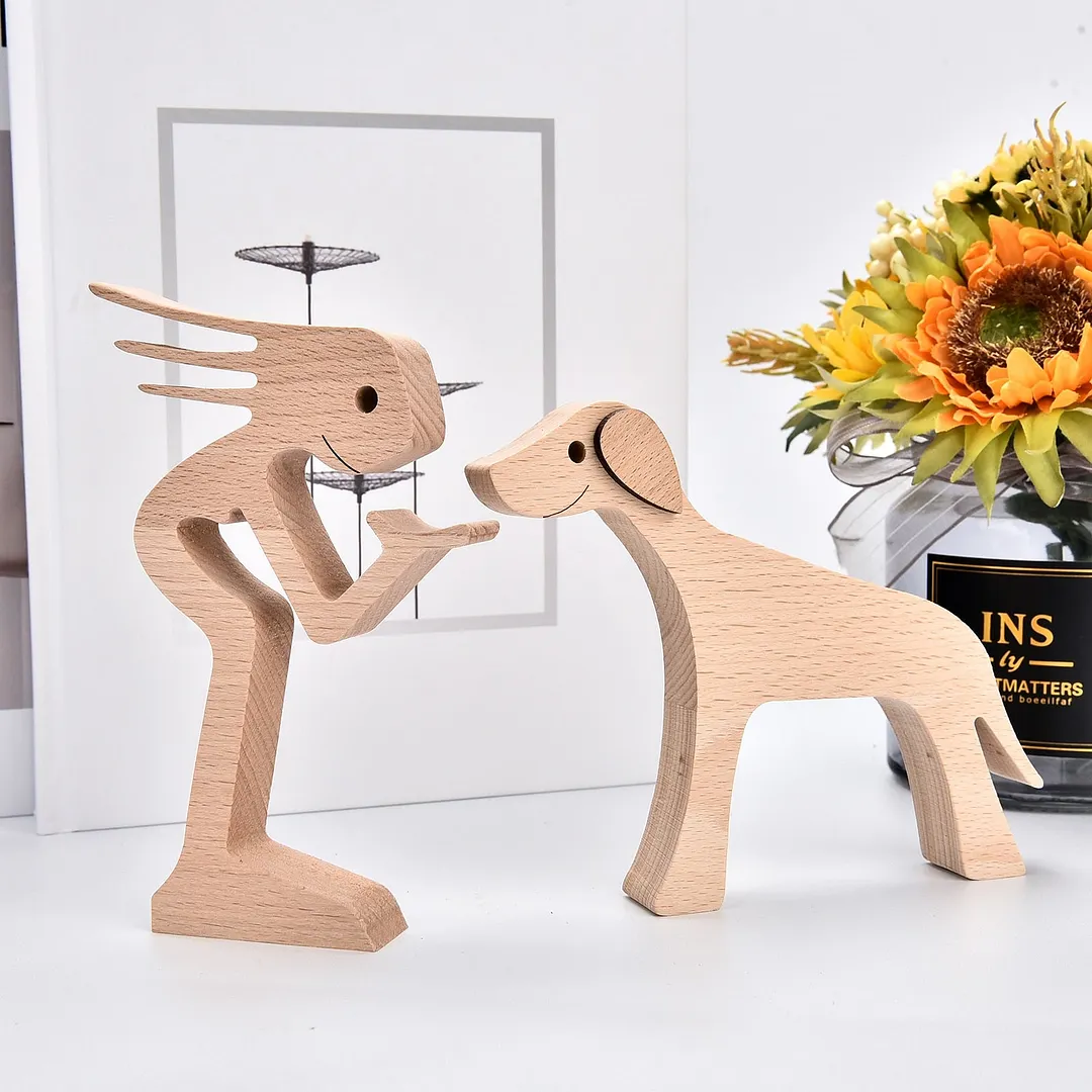 Family Puppy Wood Dog Craft Figurine Desktop Table Ornament Carving Model Creative Home Office Decoration Love Pet Dropshipping