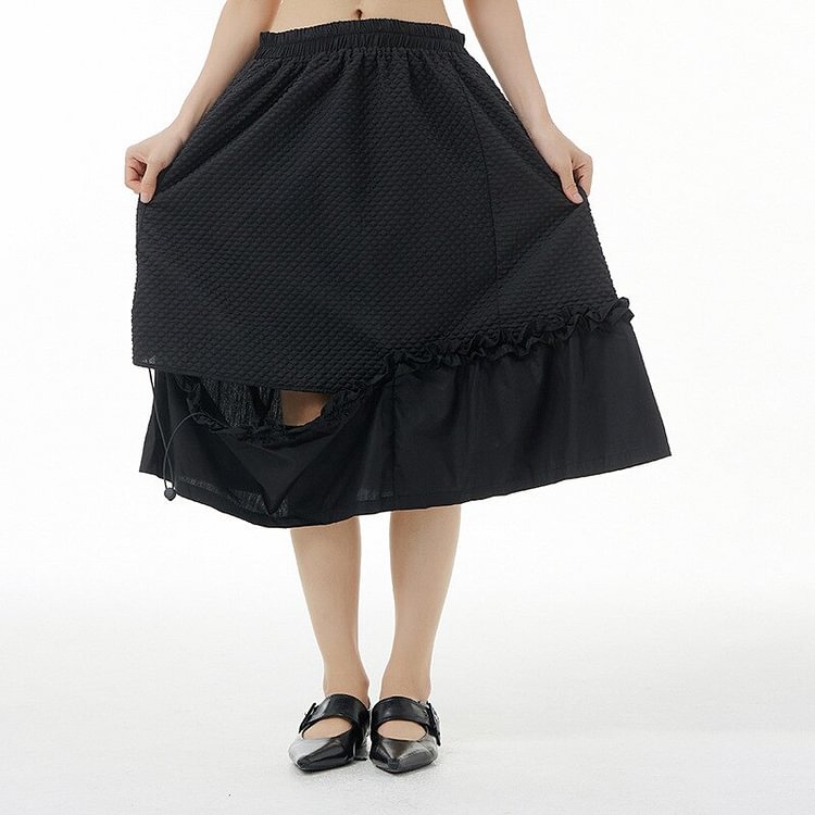 Chic Solid Color Texture Patchwork Ruffles Hollow Out Hem Skirt                   