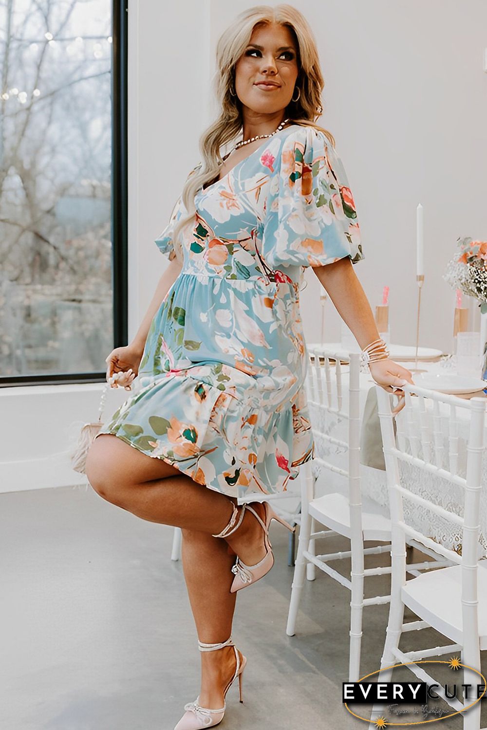 Sky Blue Floral Print Ruffled Puff Sleeve Plus Size Mini Dress
