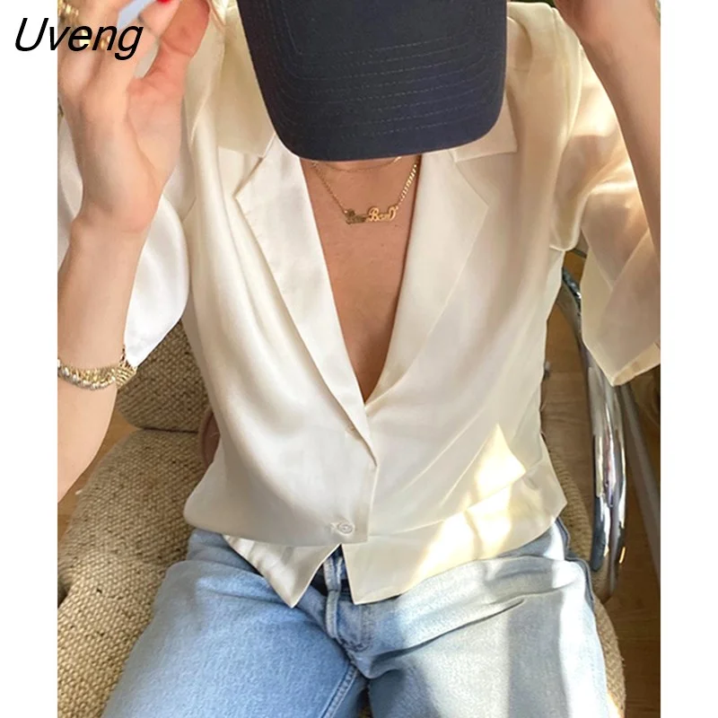 Uveng Stain Tops And Blouse Short Sleeve Turn Down Collar Comfort Fashion Femme Shirts Button Solid Color 2023 Summer