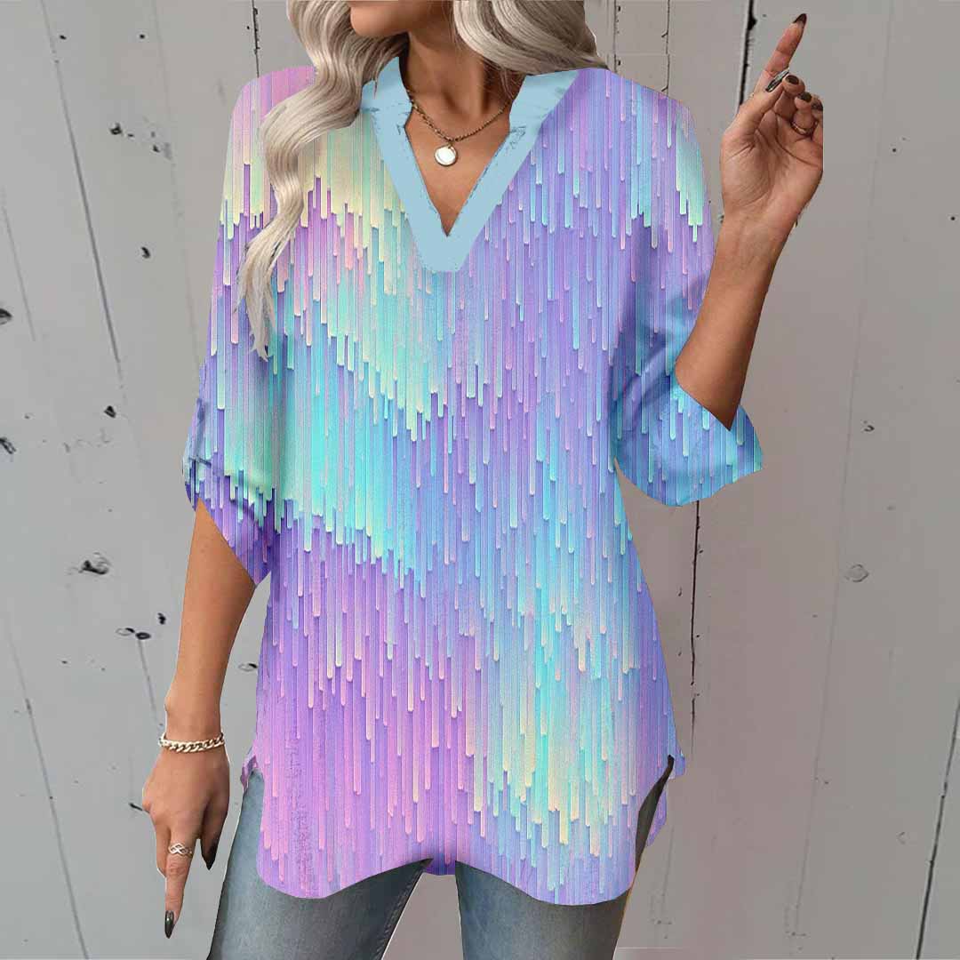 Women Shiny, Purple DZGA0356 3/4 Sleeve V-neck Printed Graphic Button Tops