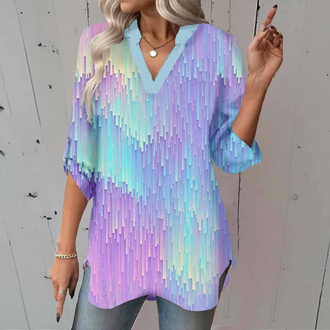 Women Shiny, Purple DZGA0356 3/4 Sleeve V-neck Printed Graphic Button Tops