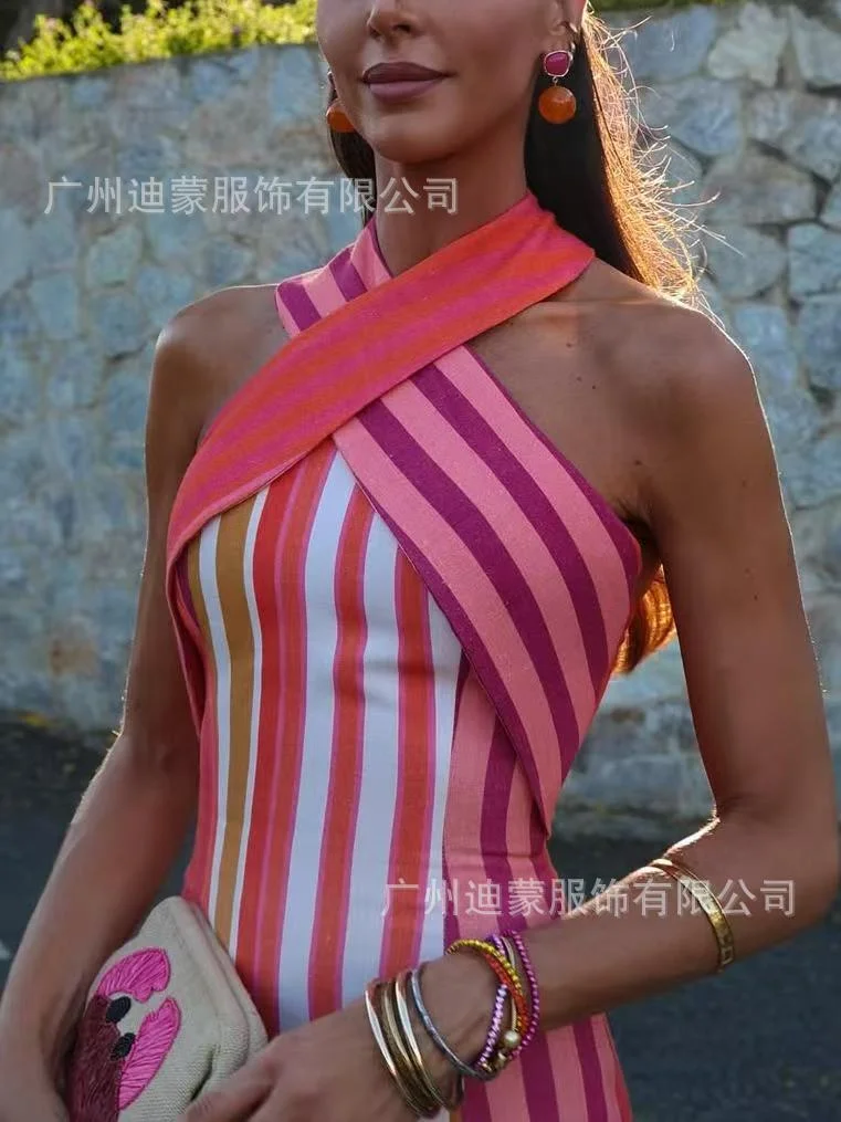 Nigikala Nigikala Women's Clothing Hanging Neck Strapless Pocketed Hips Striped Dress