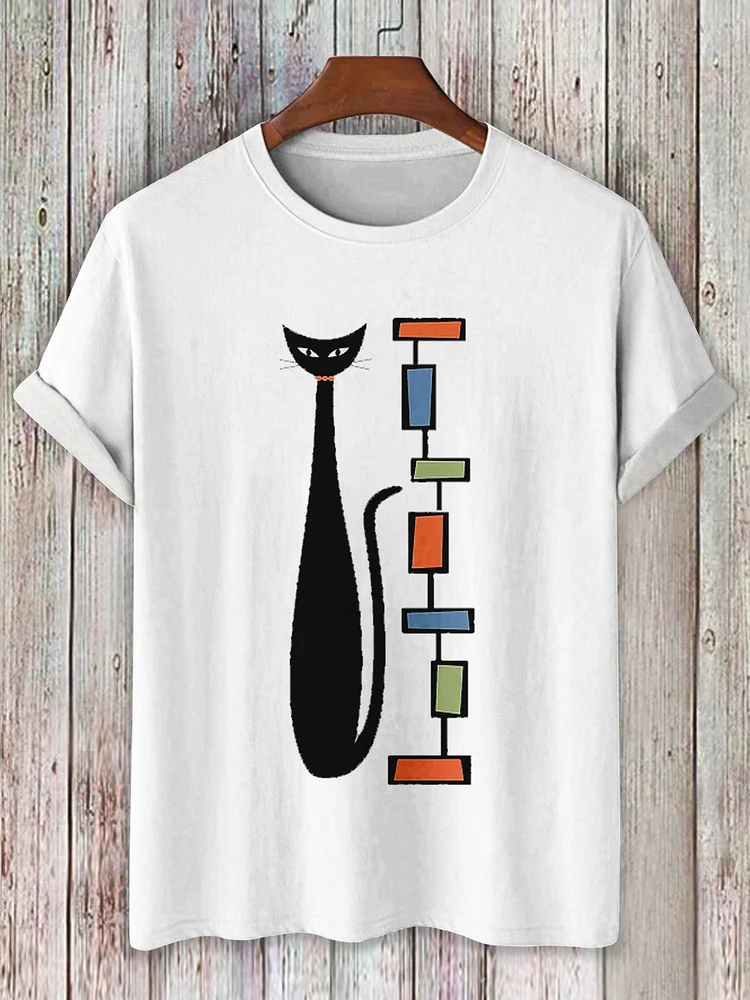 Men's Casual Black Cat Block Art Printed Crew Neck T-Shirt
