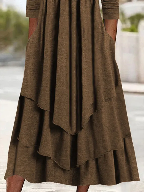 Women's Plain Regular Fit Crew Neck Pockets Casual Midi Dress