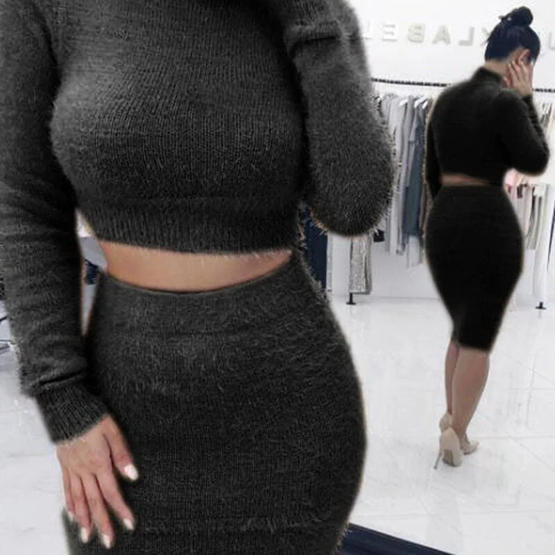 Winter Soft Warm Knitted Turtleneck 2 Pieces Set Casual Full Sleeve Sweater Skirt Female Sweater Suits Set Two Piece Set Women
