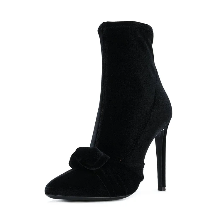 FSJ Black Velvet Boots Pointy Toe Stiletto Heel Bow Ankle Boots |FSJ Shoes
