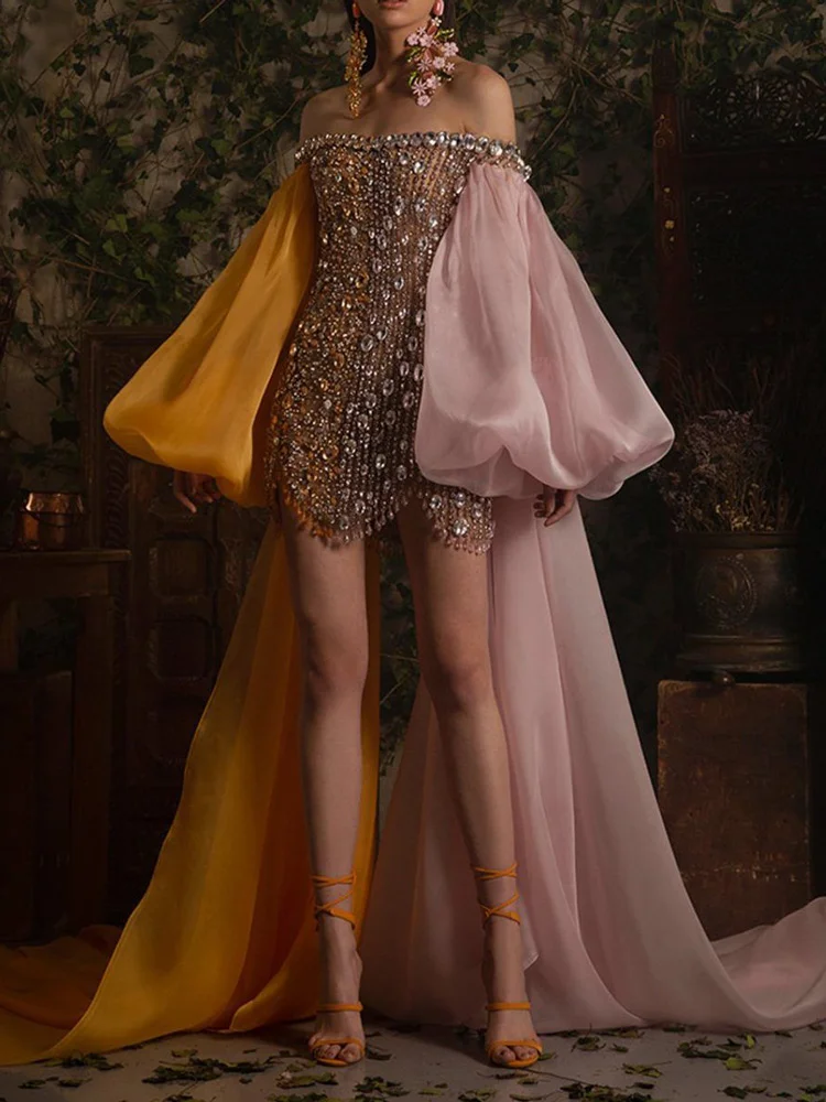 Bohemia Raglan Sleeve Contrast Color Sequined Tasseled High-Low Mini Dresses