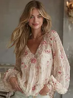 Women's Pink Rose Embroidered Linen Blend T-shirt