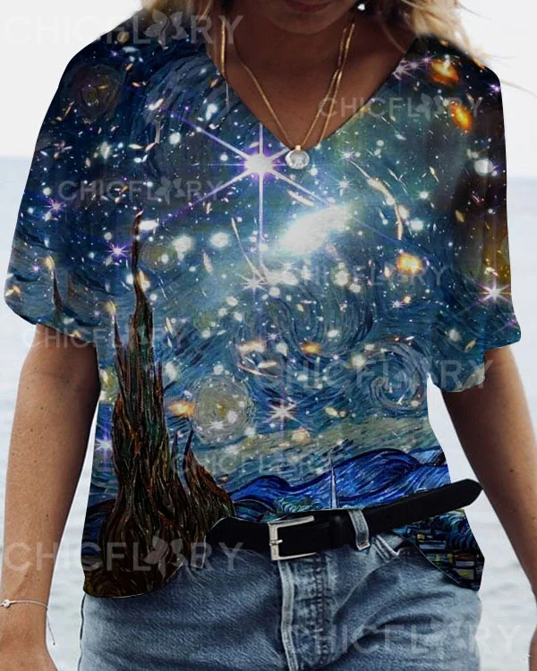 Women's Art Star Print  Casual V-Neck  Top