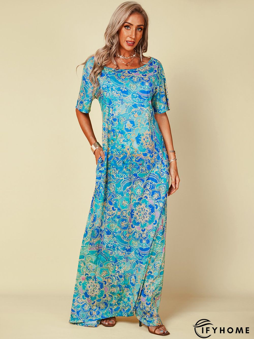 Short Sleeve Cotton-Blend Off-Shoulder Abstract Dresses | IFYHOME