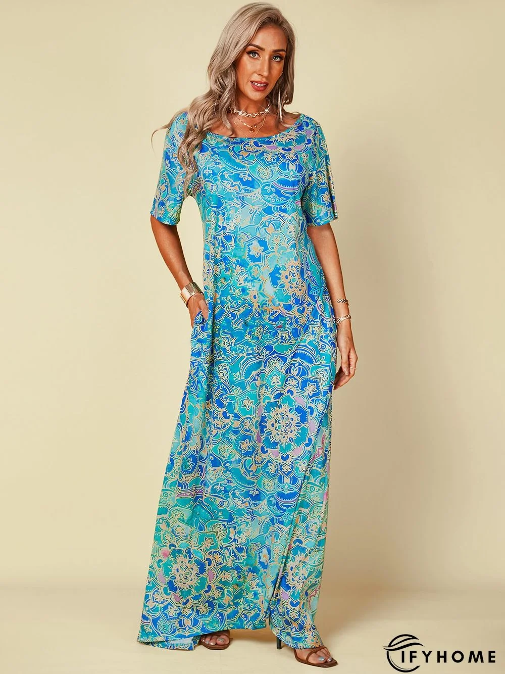 Short Sleeve Cotton-Blend Off-Shoulder Abstract Dresses | IFYHOME