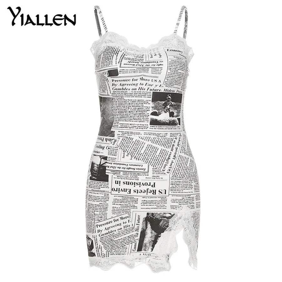 Yiallen Fashion Print Letter Lace Up Camisole Mini Dress Summer New Women High Street Casual Slim Skinny Female Dresses Hot